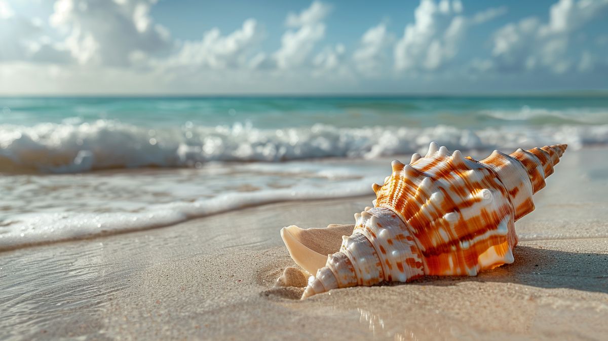 Offene Muschelschale am Strand mit sanften Wellen im Hintergrund