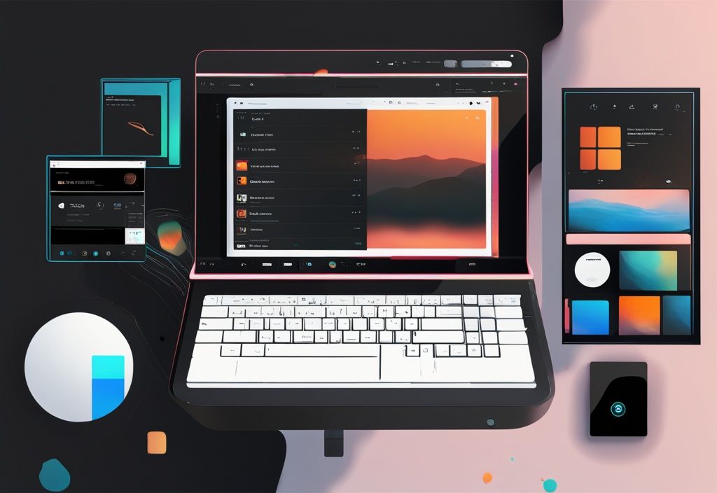 Moderne digitale Malerei mit schwarzem Farbschema, hochauflösendes Bild eines eleganten Desktops mit Windows 11 Oberfläche, zentrierter Taskleiste und neu gestalteten Symbolen.