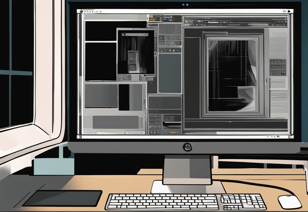 Moderner digitaler Gemäldeillustration mit schwarzem Farbschema, auf der ein Computerbildschirm mit Windows-Betriebssystem zu sehen ist, das auf dem "windows wird neu gestartet hängt" Bildschirm feststeckt.