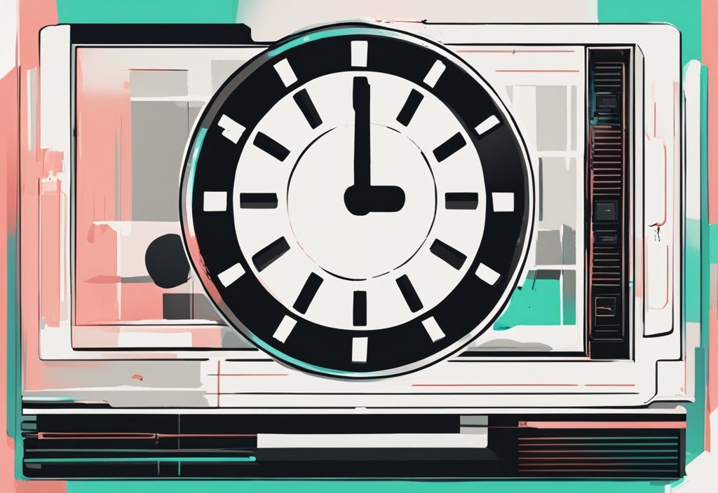 Moderne digitale Illustration mit schwarzem Farbschema, digitale Uhr wechselt die Zeiten, hervorgehobenes Dateisymbol symbolisiert das Konzept von newfiletime.