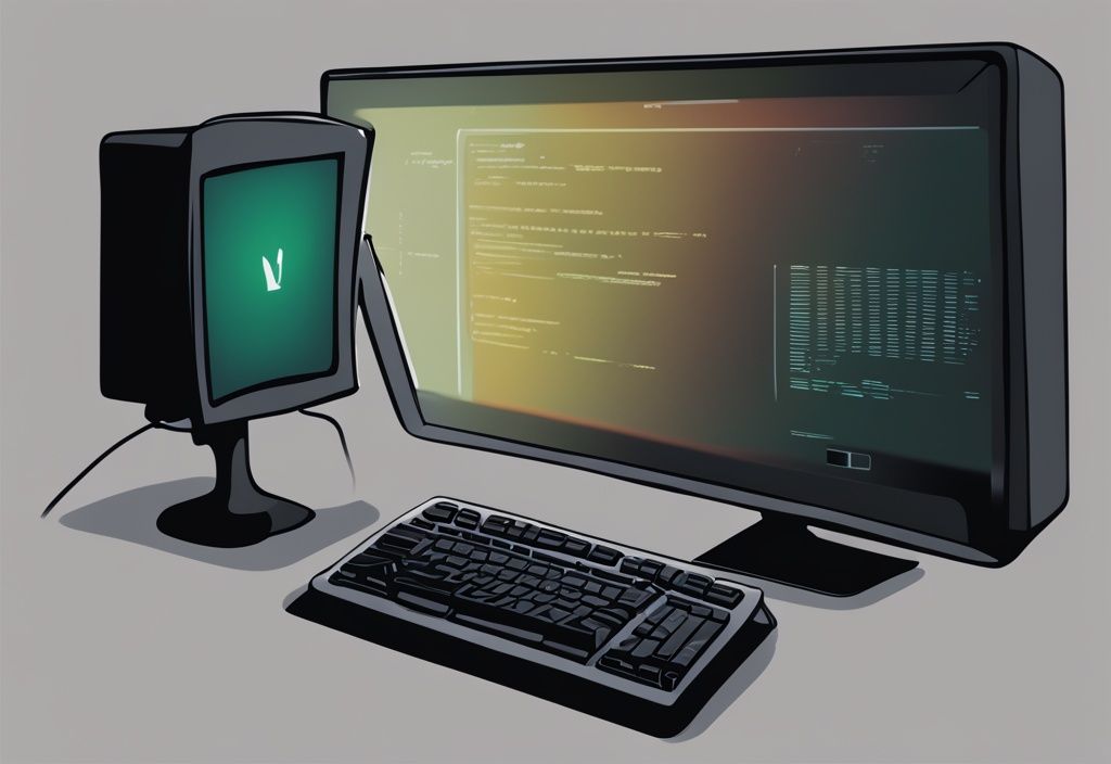 Moderne digitale Malerei mit schwarzem Farbschema, Computerbildschirm mit geöffnetem Eingabeaufforderungsfenster, Benutzer tippt Kopierbefehl ein.