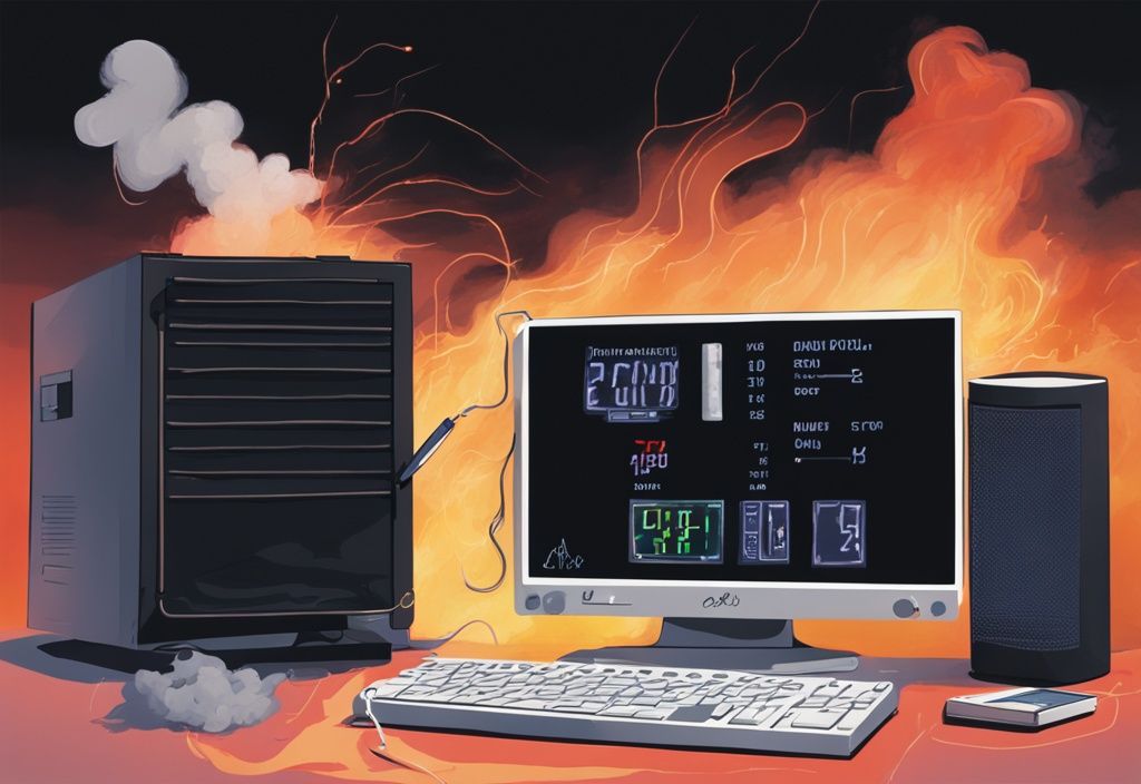 Überhitzter Computer mit Rauch und digitalem Thermometer, das hohe Temperatur anzeigt, moderne digitale Malerei, schwarzes Farbschema