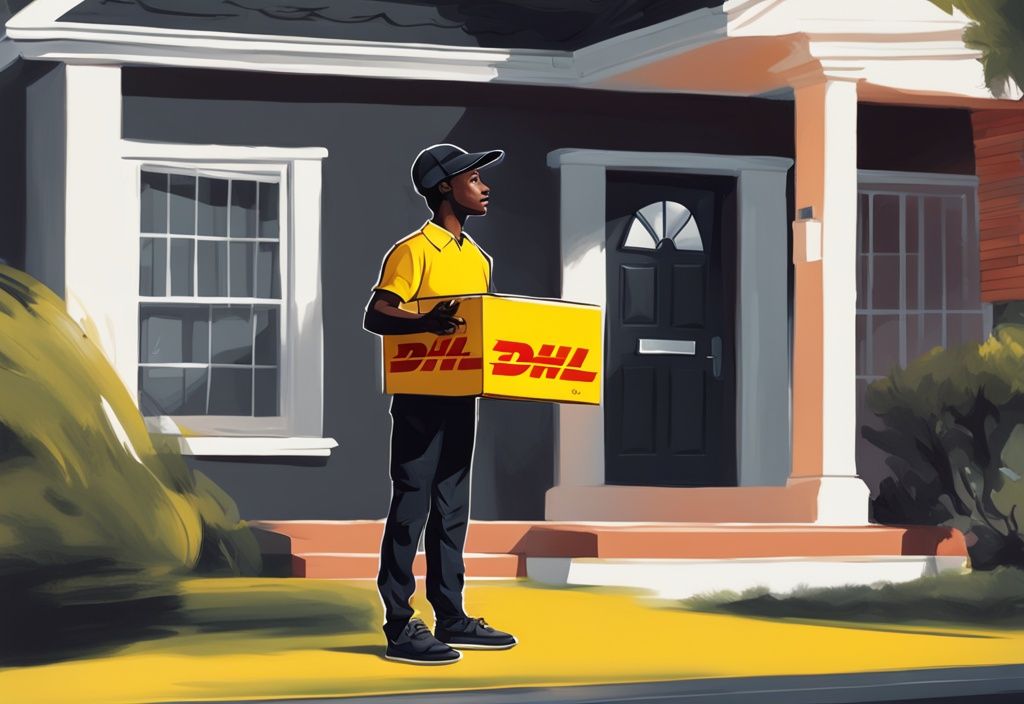 Moderner digitaler Gemälde-Illustration mit DHL-Lieferant, der ein Paket vor einem Haus mit klarer, gut markierter Adresse hält, symbolisiert effiziente Lieferung am Adresstag.