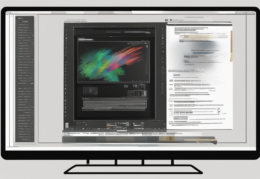 Digitale Illustration eines modernen schwarzen Computerbildschirms mit Winscan2PDF-Software, die ein Dokument scannt und in eine PDF-Datei umwandelt.