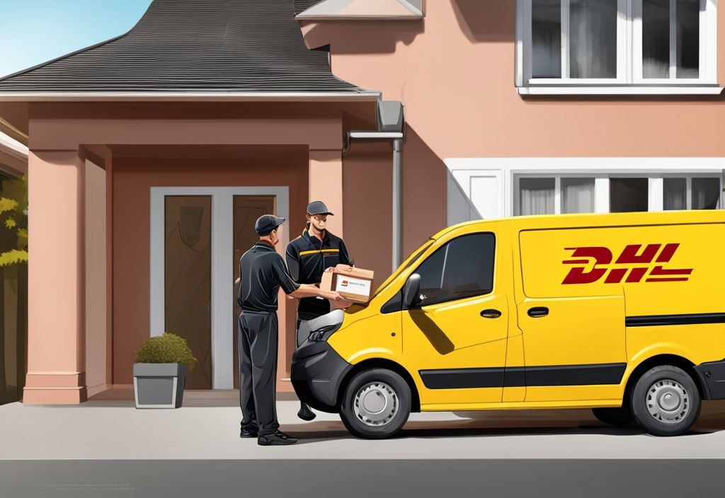 Moderner digitaler Gemälde-Illustration mit DHL-Lieferant, der ein Paket an einen glücklichen Kunden vor einem Haus übergibt, mit sichtbarer DHL.de/adresstan Website auf einem Laptop im Hintergrund.