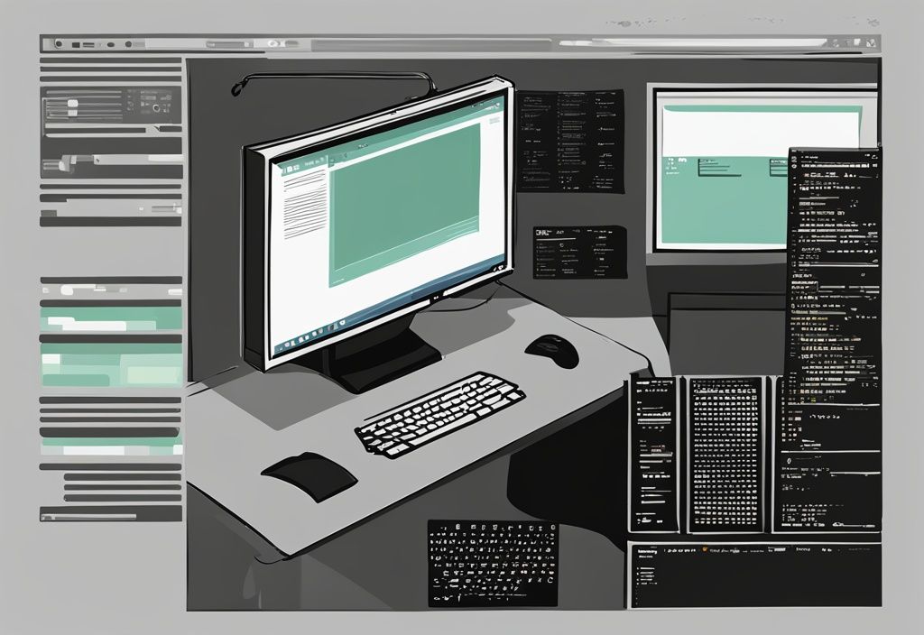 Moderne digitale Malerei mit schwarzem Farbschema zeigt einen Computerbildschirm mit geöffnetem Kommandozeilenfenster, in dem der Benutzer den Befehl cmd dateien anzeigen eingibt.