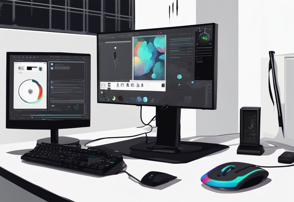 Moderne digitale Malerei mit schwarzem Farbschema, moderner Joystick verbunden mit einem eleganten Windows 11 Computer, Kalibrierungseinstellungen auf dem Monitor angezeigt.