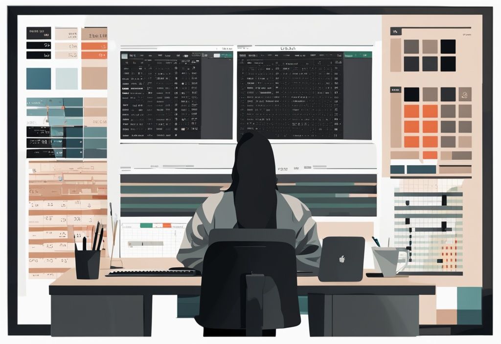 Moderne digitale Malerei mit schwarzem Farbschema, Computerbildschirm zeigt Excel-Tabelle mit geöffnetem Dropdown-Menü für Schriftartauswahl