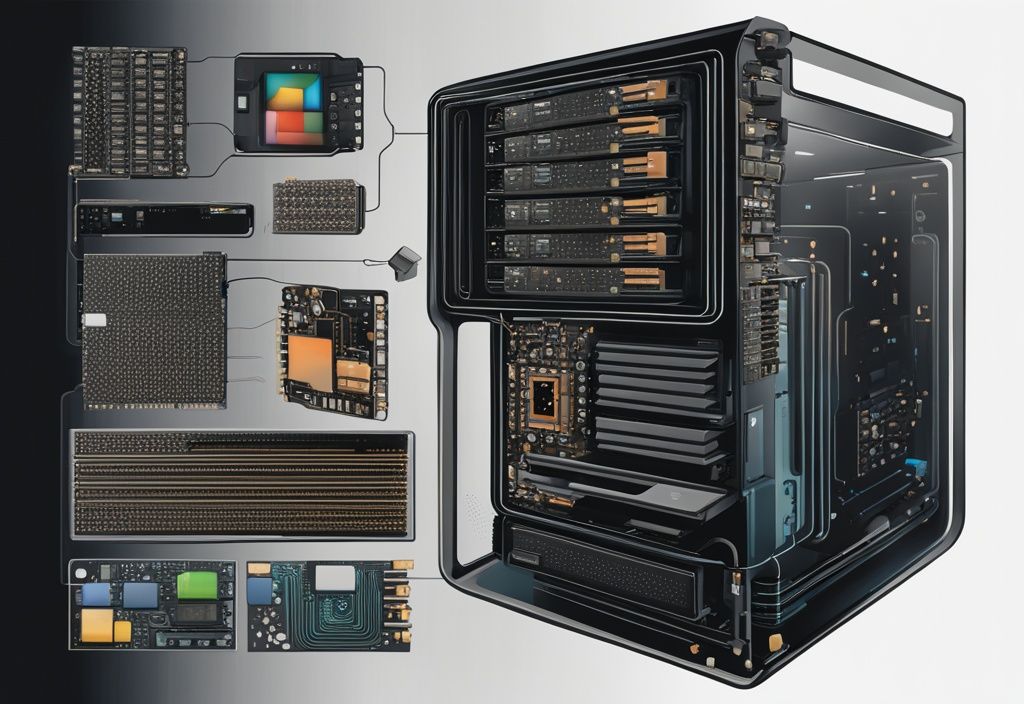 Moderne digitale Illustration einer x86-basierten Computerarchitektur mit hervorgehobenen Komponenten wie CPU, Speicher und Ein-/Ausgabegeräten, Hauptfarbe Schwarz.