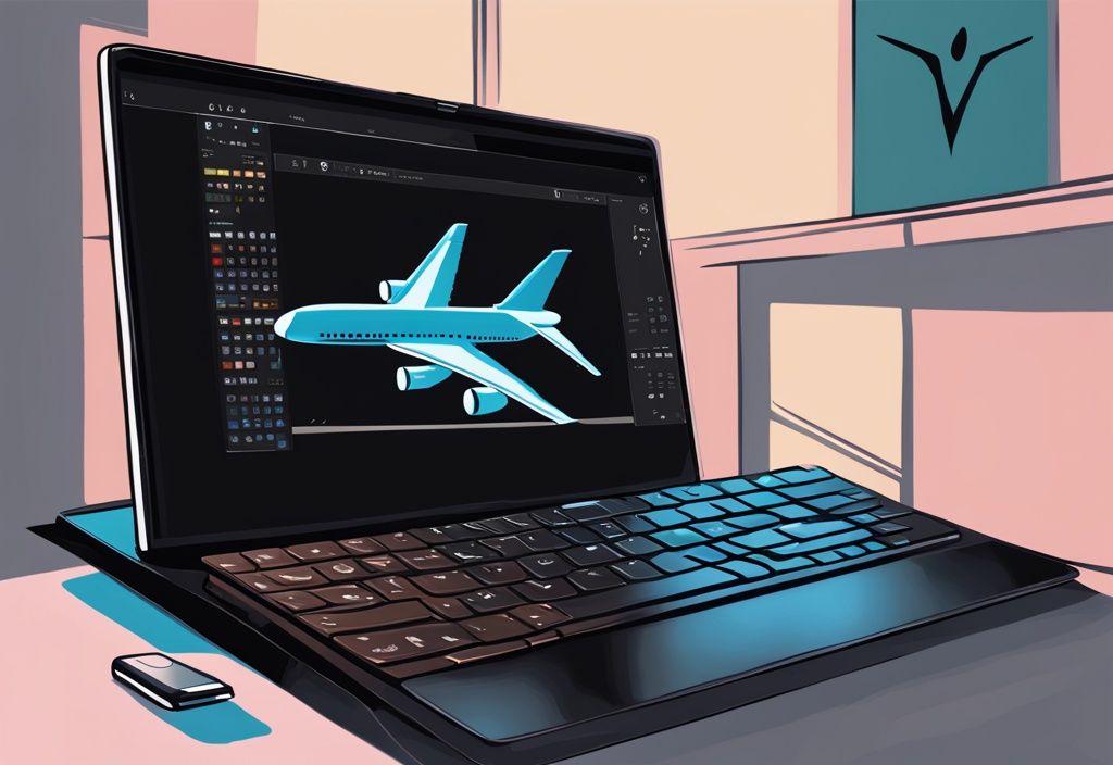 Moderne digitale Malerei mit Windows 10 Bildschirm im Flugmodus und Tastatur mit hervorgehobener Tastenkombination zum Deaktivieren.