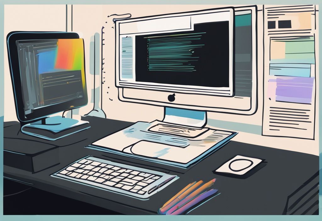 Moderne digitale Illustration eines Computerbildschirms mit Windows-Betriebssystem, der den Prozess des Scannens mehrerer Seiten in ein Dokument zeigt. Keyword: windows scan mehrere seiten in ein dokument.