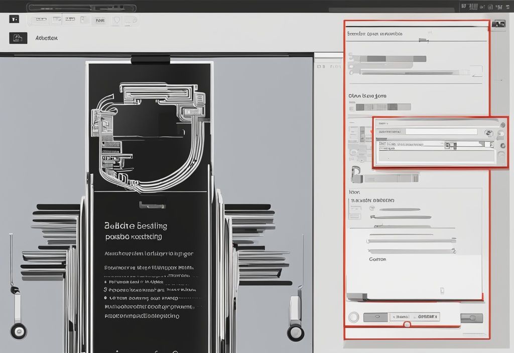 Moderne digitale Malerei, schwarzes Farbschema, Computerbildschirm mit geöffnetem Adobe Reader, Einstellungenmenü, Update-Option deaktiviert