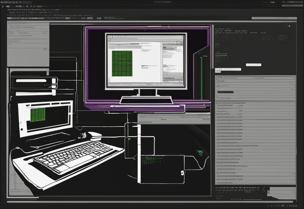 Moderne digitale Malerei mit schwarzem Farbschema, geöffnetes Eingabeaufforderungsfenster auf einem Computerbildschirm zeigt Ergebnisse einer MAC-Adresse-Abfrage.