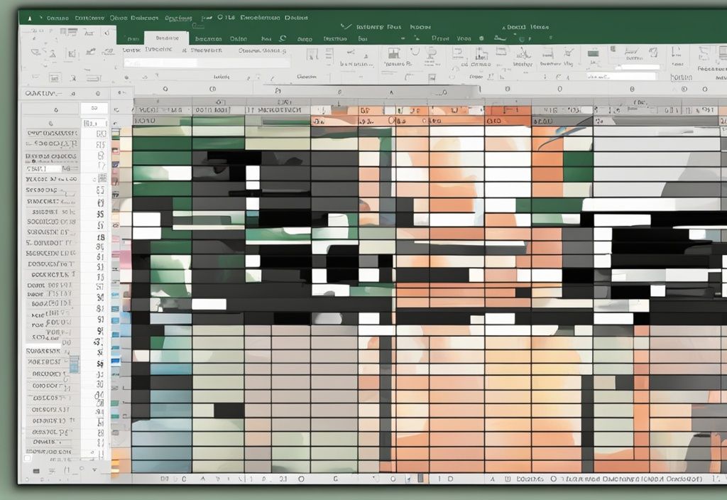 Moderne digitale Malerei mit schwarzem Farbschema, Excel-Tabelle mit schwebendem Cursor über einer zusammengeführten Zelle, Dropdown-Menü mit Option "Zellen teilen" geöffnet.