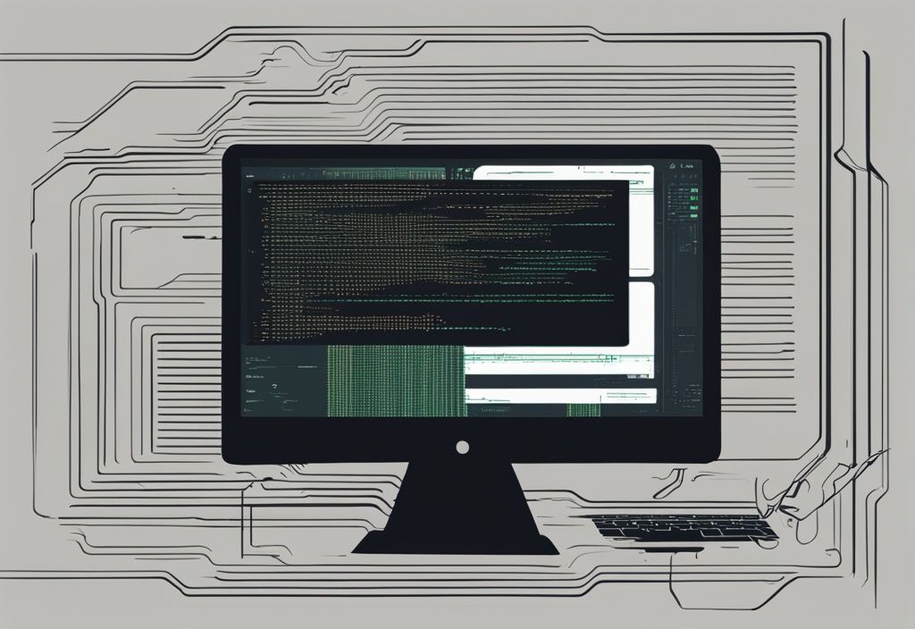 Moderne digitale Malerei, schwarzes Farbschema, Computerbildschirm mit Kommandozeileninterface und Code für Druckerverwaltung.