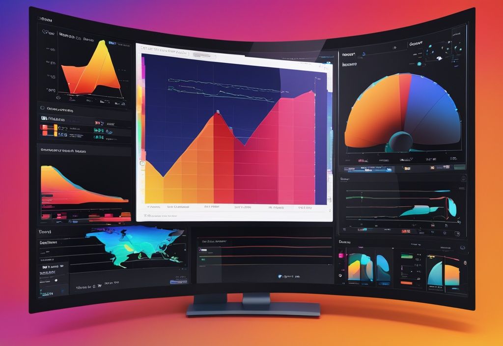 Moderne digitale Malerei mit schwarzem Thema, zeigt einen modernen Computerbildschirm mit Windows 11 und verschiedenen Leistungsindex-Diagrammen in lebendigen Farben.