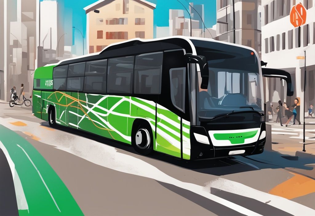 Digitale Illustration eines Flixbus-Trackings auf einer Karte mit schwarzem Farbschema, die die Route zwischen zwei Städten zeigt.