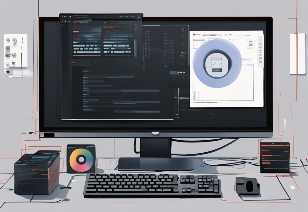 Moderne digitale Malerei mit einem schwarzen Farbschema, die eine Datenträgerüberprüfung auf einem Computerbildschirm zeigt, einschließlich Fortschrittsbalken und Festplattenansicht.