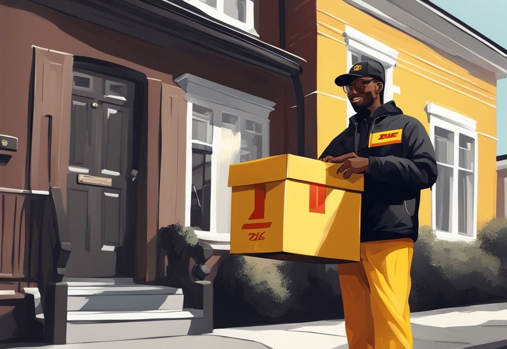 Moderner digitaler Gemäldeanstrich, DHL-Lieferant hält Paket vor einem Haus mit gut sichtbarer Adresse, symbolisiert effiziente Lieferung am Adresstag.