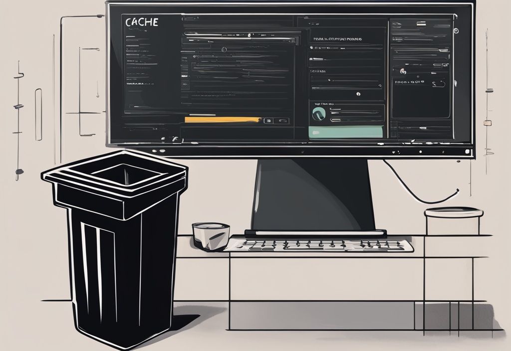 Moderne digitale Malerei mit schwarzem Farbthema, Computerbildschirm zeigt Cursor über einem Papierkorb-Symbol mit der Aufschrift "Icon Cache", das auf den Löschvorgang hinweist.