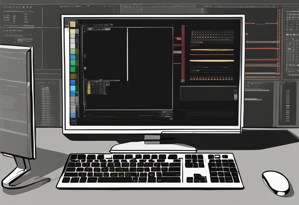 Moderne digitale Malerei mit schwarzem Farbschema, Windows-Betriebssystem auf Computerbildschirm, Cursor über Abmelden-Befehl schwebend