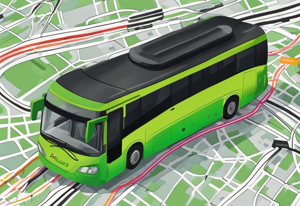 Moderne digitale Illustration mit schwarzem Farbschema, leuchtend grüner Flixbus auf digitaler Karte mit Tracking-Linie, die seine Route vom Startpunkt bis zum aktuellen Standort zeigt.