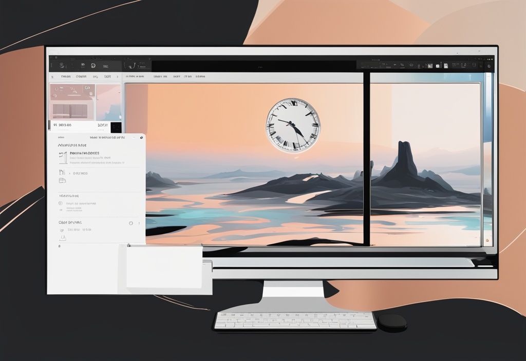 Modernes digitales Gemälde einer schwarzen Desktop-Oberfläche mit Windows 11 und digitaler Uhr-Widget.