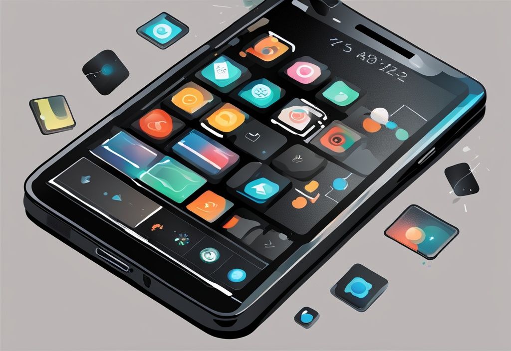 Moderne digitale Malerei mit schwarzem Farbschema, Android-Smartphone zeigt automatisch startende App-Symbole.