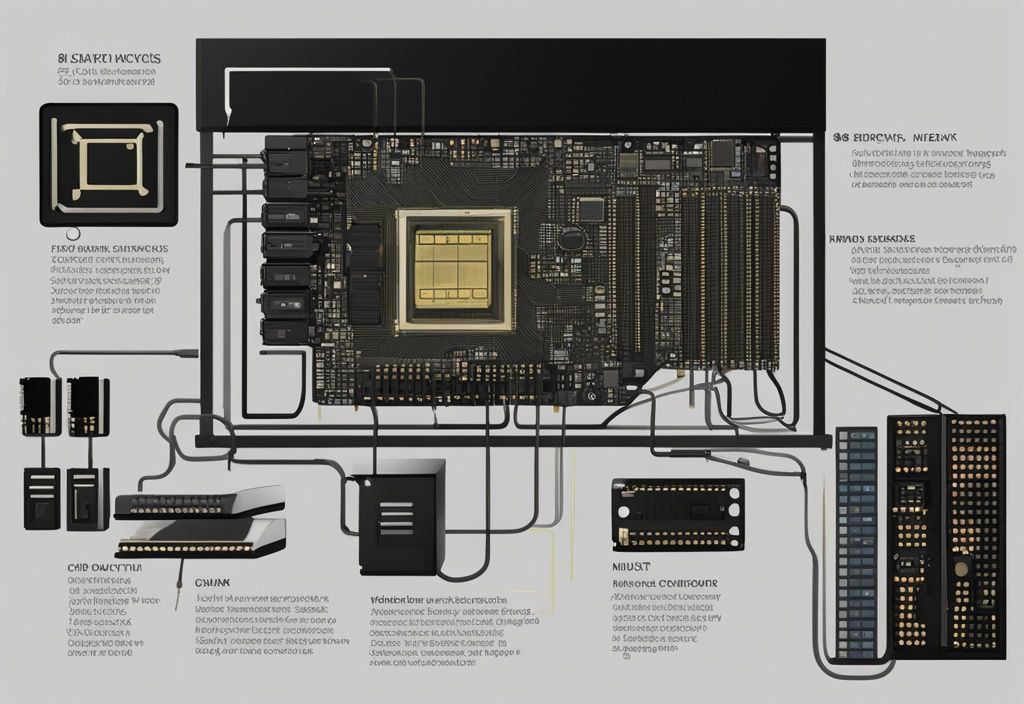 Moderne digitale Malerei einer x86-Computerarchitektur mit hervorgehobenen Komponenten wie CPU, Speicher und Ein-/Ausgabegeräten, Hauptfarbe Schwarz.