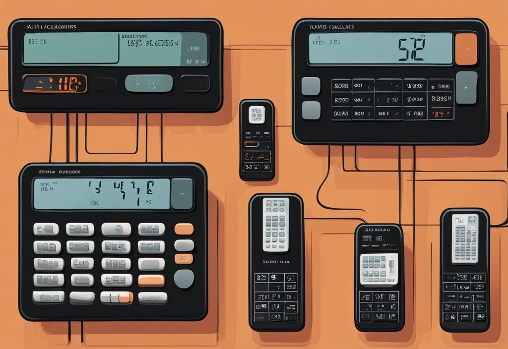 Moderne digitale Malerei mit einem schwarzen Farbschema, Nahaufnahme eines digitalen AC-Rechners mit HVAC-Berechnungen, umgeben von Klimaanlagen.