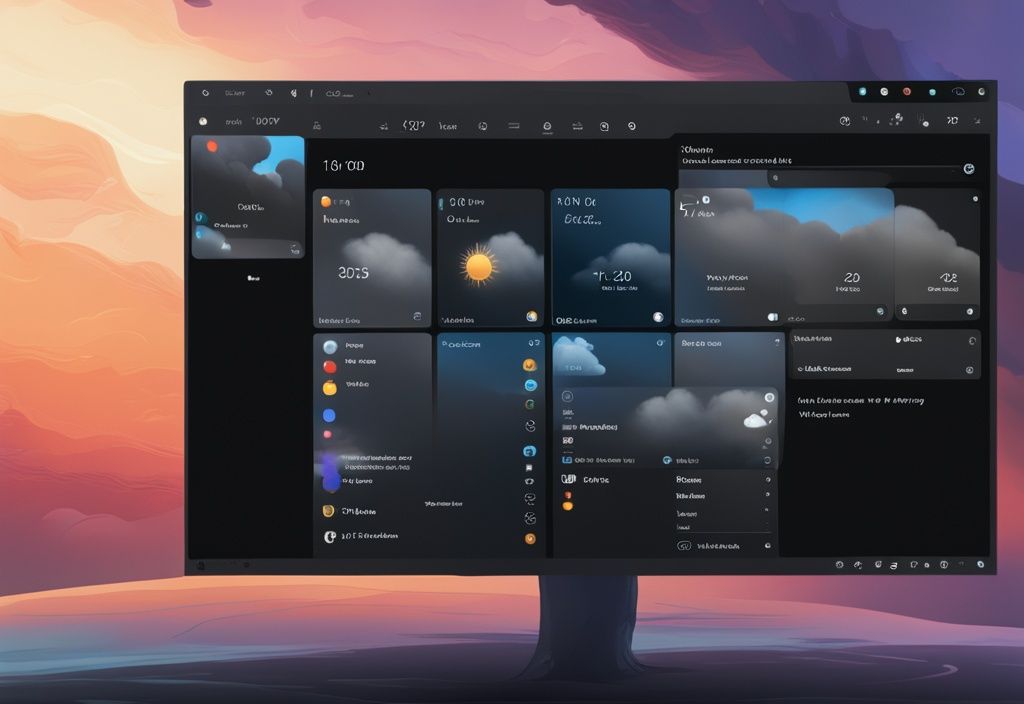 Nahaufnahme der Windows 11-Taskleiste mit erweitertem Wetter-Widget, das aktuelle Wetterbedingungen anzeigt, moderne digitale Malerei, Hauptfarbe Schwarz