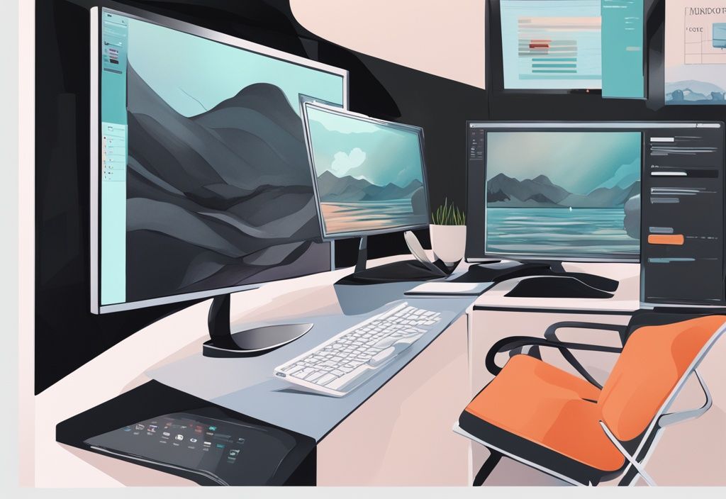 Moderne digitale Illustration eines Windows 11-Desktops mit geöffnetem Einstellungsmenü, das die Bildschirm-Timeout-Optionen hervorhebt. Hauptfarbe: Schwarz. Keyword: bildschirm timeout windows 11.