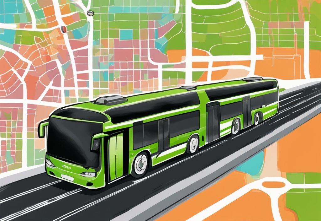 Digitale Malerei eines Flixbus-Trackings auf einer Karte mit Route zwischen zwei Städten, Hauptfarbe Schwarz