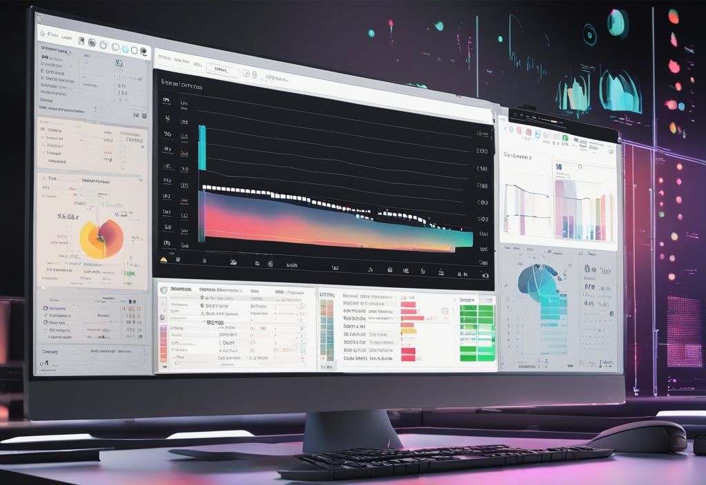 Moderne digitale Malerei mit schwarzem Farbthema, zeigt einen Computerbildschirm mit Windows 11 Oberfläche und Leistungsindex-Diagramm, das verschiedene Metriken und Bewertungen anzeigt. Keyword: windows 11 leistungsindex.