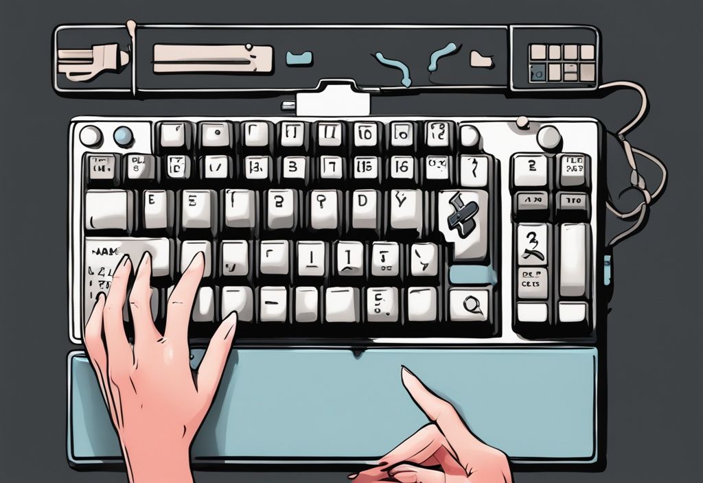 Moderne digitale Illustration einer schwarzen Tastatur mit hervorgehobener Taste und durchgestrichenem Stundenglassymbol, das die anschlagverzögerung deaktivieren anzeigt.