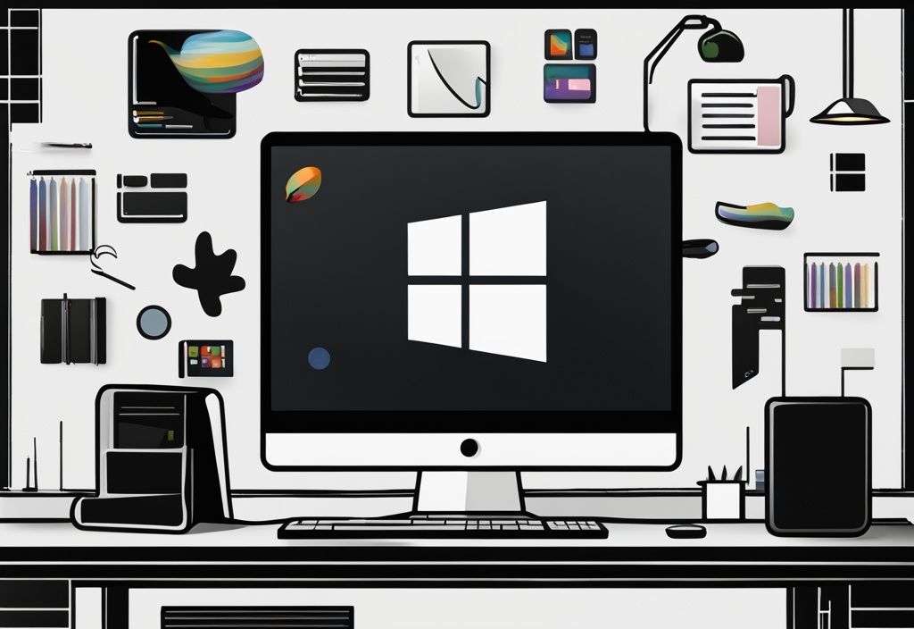 Modernes digitales Gemälde eines modernen Desktops mit Windows 11 Oberfläche, zentrierter Taskleiste und neu gestalteten Icons in hoher Auflösung, Hauptfarbthema Schwarz.