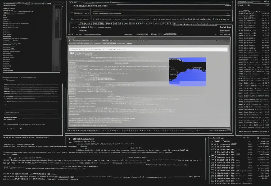 Moderne digitale Malerei mit schwarzem Farbschema, Computerbildschirm zeigt Befehlszeilenschnittstelle mit Dateiliste als Ergebnis des 'cmd show files' Befehls.