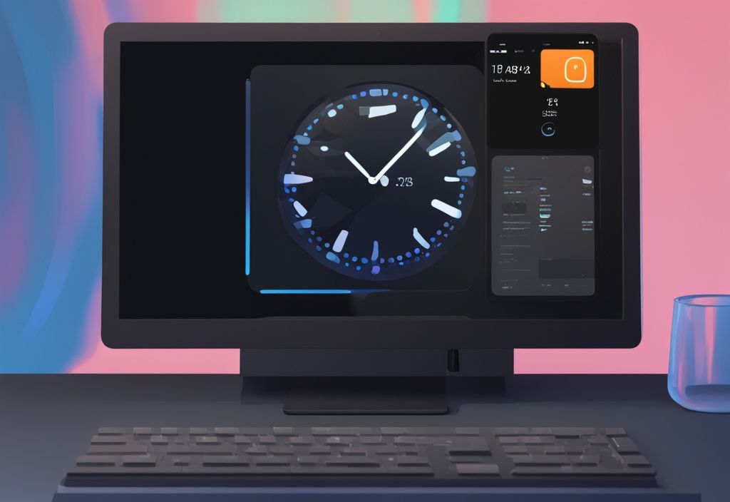 Windows 11 Sperrbildschirm mit digitaler Uhr und Cursor über Zeiteinstellungen-Icon