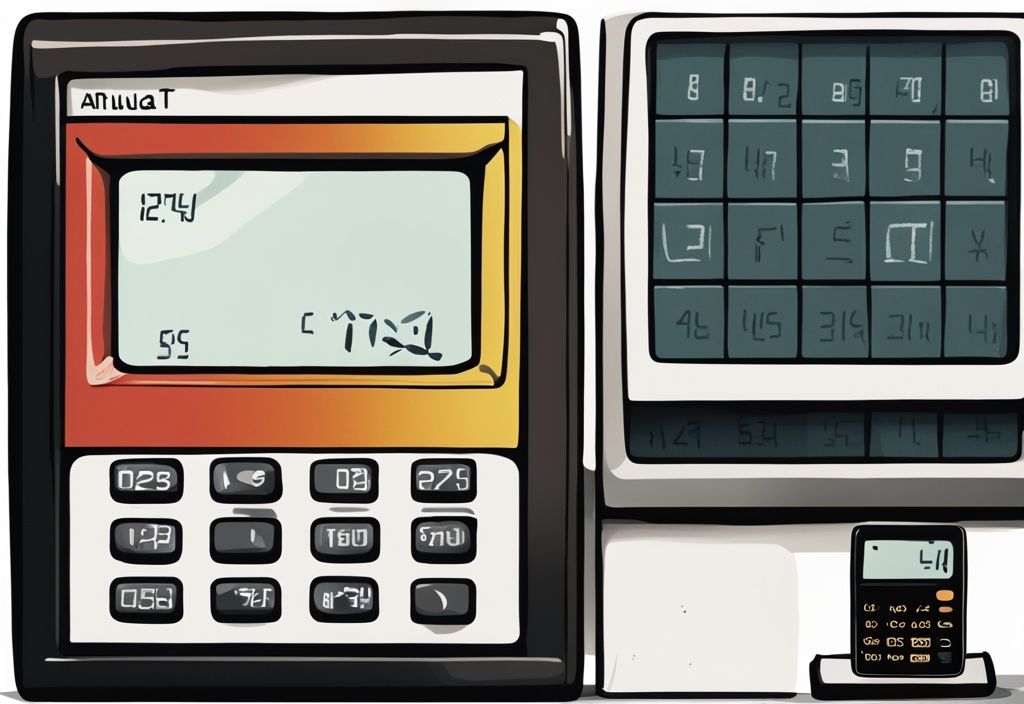 Moderne digitale Illustration eines schwarzen digitalen Klimageräts mit Taschenrechner-Overlay, das die ac taschenrechner bedeutung und Effizienzberechnung symbolisiert.