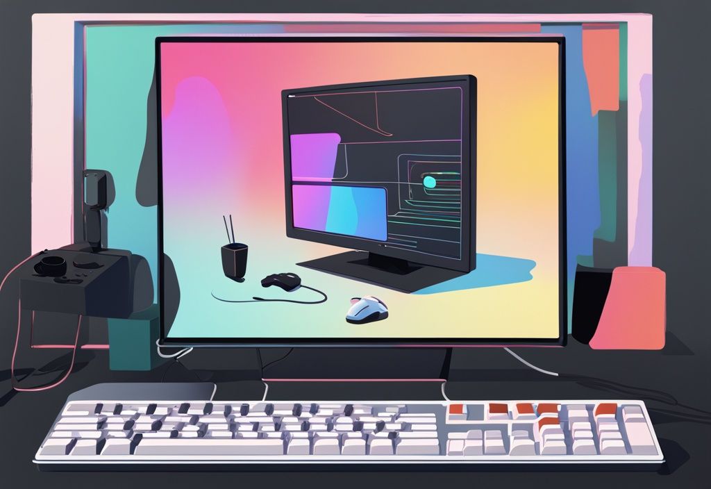 Moderne digitale Gemäldeillustration mit schwarzem Farbschema, moderner Joystick verbunden mit einem eleganten Windows 11 Computer, Kalibrierungseinstellungen auf dem Monitor angezeigt.