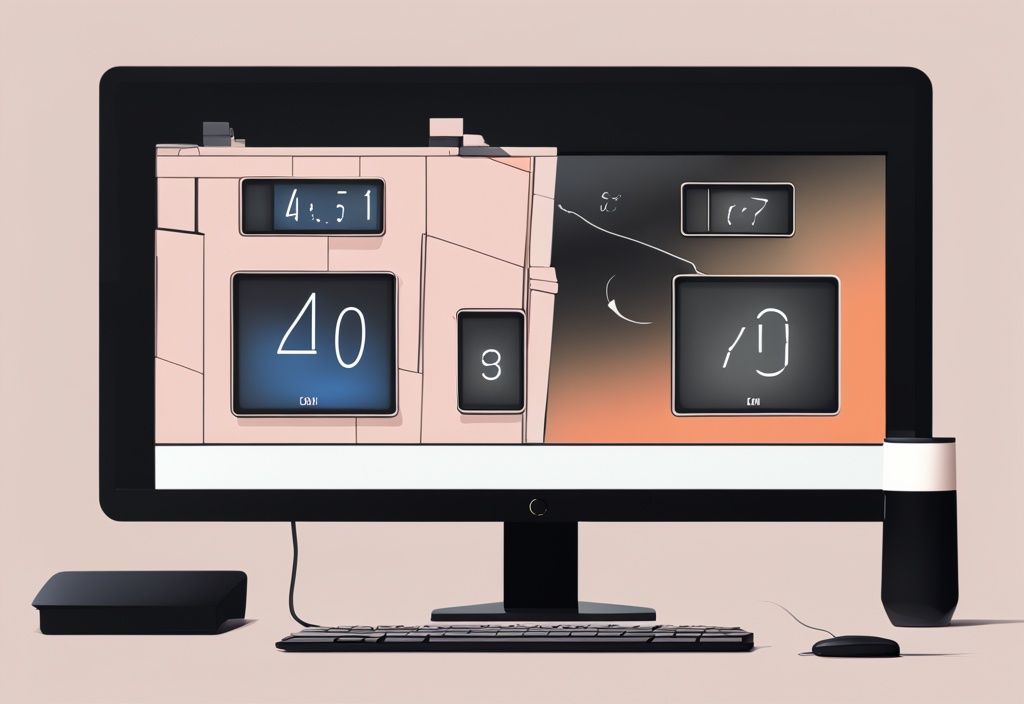 Moderne digitale Illustration mit schwarzem Farbschema, Fortschrittsbalken zeigt Windows 11 Installation, digitale Uhr zeigt die verstrichene Zeit, wie lange dauert Windows 11 Installation.