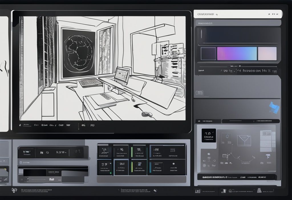 Moderne digitale Illustration eines Computerbildschirms mit Windows 11 Oberfläche, die das Menü der erweiterten Systemeinstellungen zeigt, Hauptfarbthema schwarz.