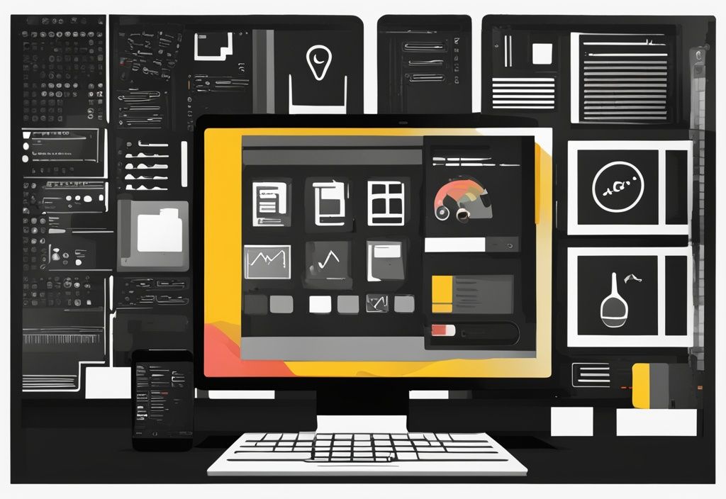 Modernes digitales Gemälde mit schwarzem Farbschema, Computerbildschirm mit Anwendungsicons, eines hervorgehoben mit Pop-up-Fenster und Text 'cache delete', Symbol icon cache löschen.