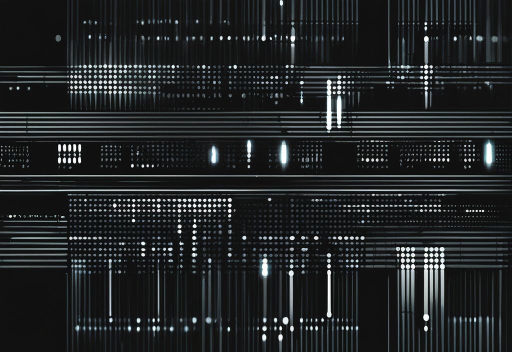 Moderne digitale Malerei mit schwarzem Farbschema, zeigt binäre Zahlen in einem futuristischen digitalen Raum, eine schwebend und die andere verdoppelt, float double.