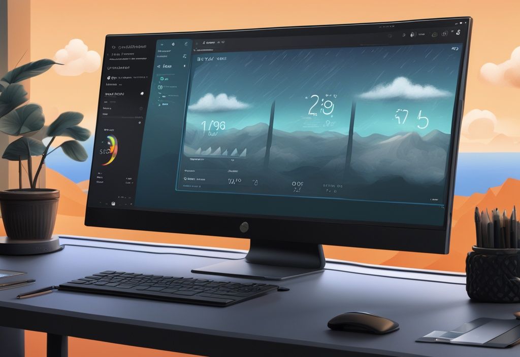 Nahaufnahme eines Computerbildschirms mit Windows 11 Wetter Taskleiste, die aktuelle Temperatur und Wettervorhersage anzeigt.