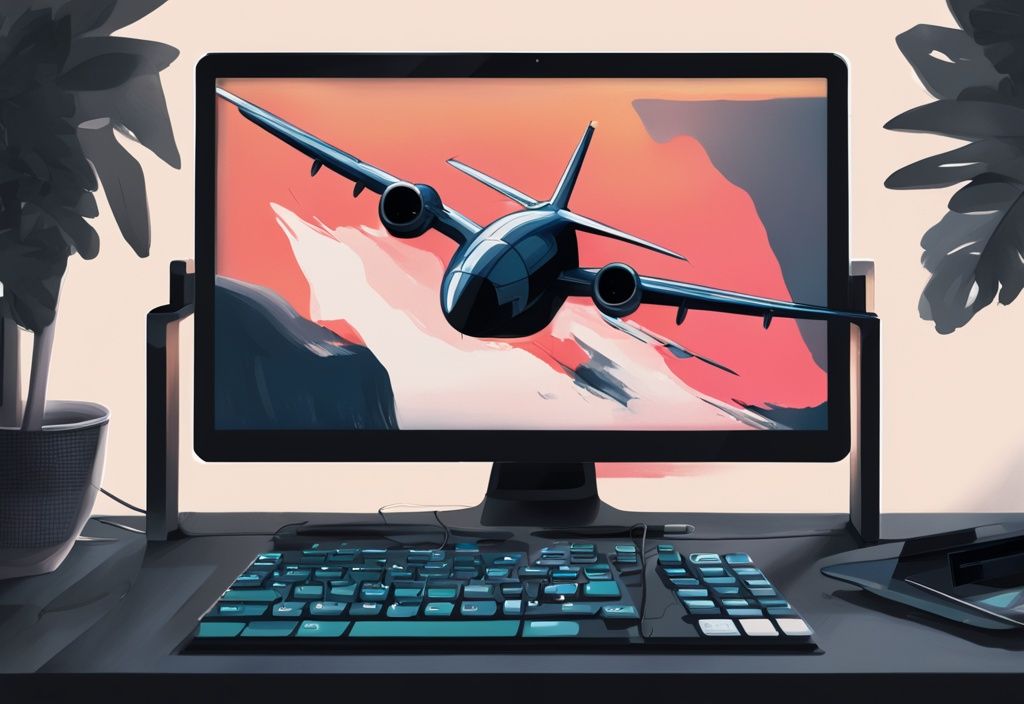 Moderne digitale Illustration eines Windows 10-Bildschirms mit aktiviertem Flugzeugmodus und hervorgehobener Tastenkombination zum Deaktivieren auf der Tastatur, Hauptfarbe Schwarz.