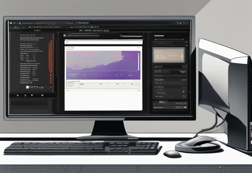 Moderne digitale Illustration mit schwarzem Farbschema, zeigt einen Computerbildschirm mit geöffnetem Systeminformationsfenster, das die erkannte SSD anzeigt. Keyword: ssd erkennen.