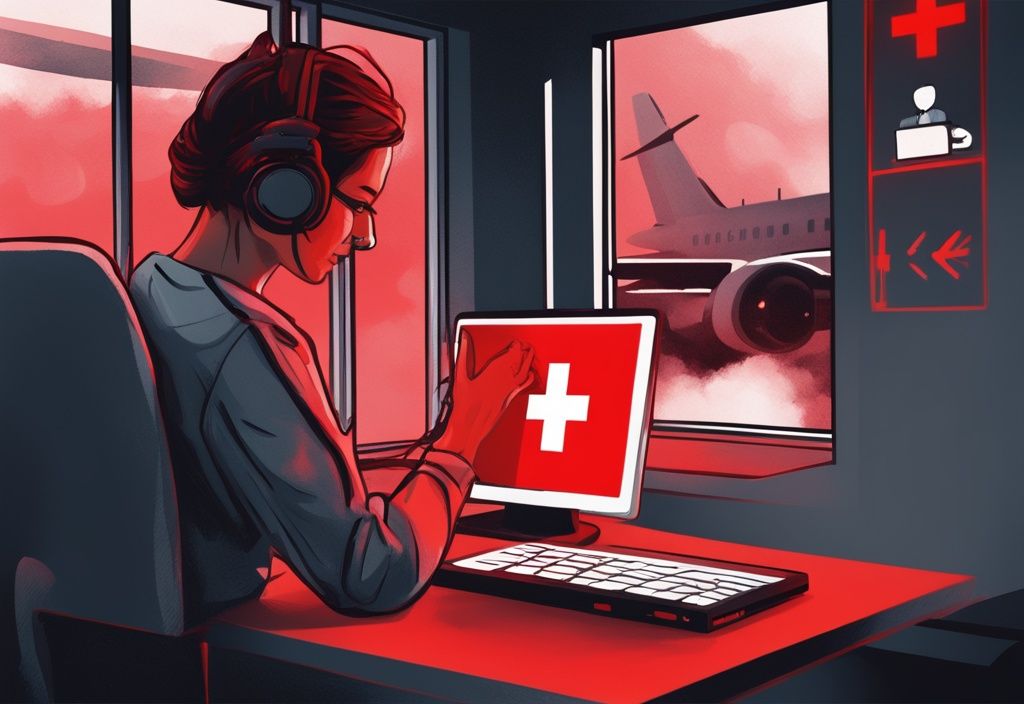 Frustrierter Benutzer vor Laptop mit Windows 10, Flugzeugmodus lässt sich nicht deaktivieren, rotes Kreuz über Symbol.