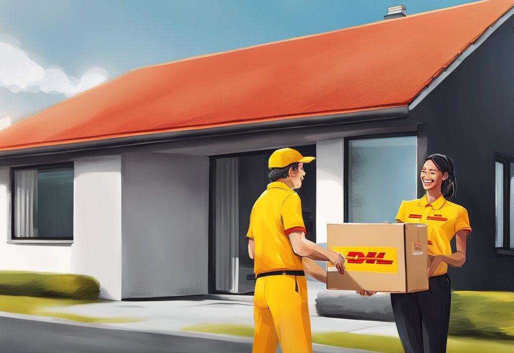 DHL-Bote übergibt Paket an glücklichen Kunden vor Haus, Laptop im Hintergrund zeigt dhl.de/adresstan Website.