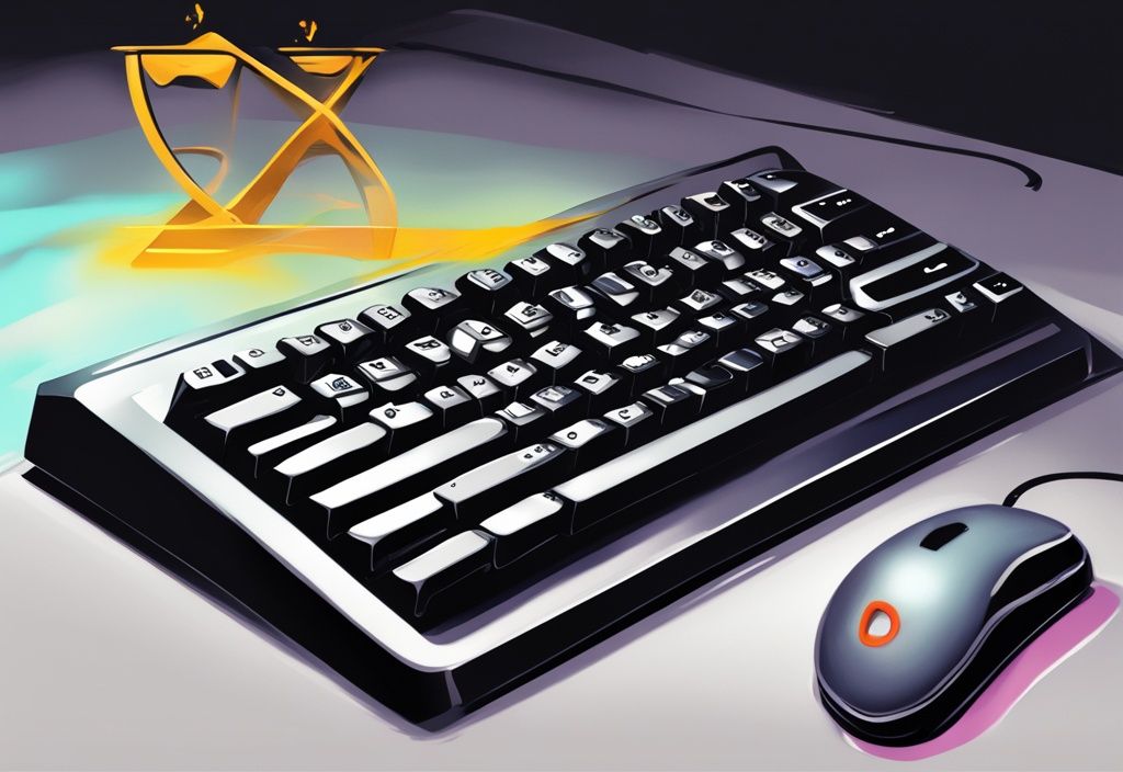 Moderne digitale Illustration einer schwarzen Tastatur mit hervorgehobener Taste und durchgestrichenem Stundenglassymbol, das die anschlagverzögerung deaktivieren anzeigt.